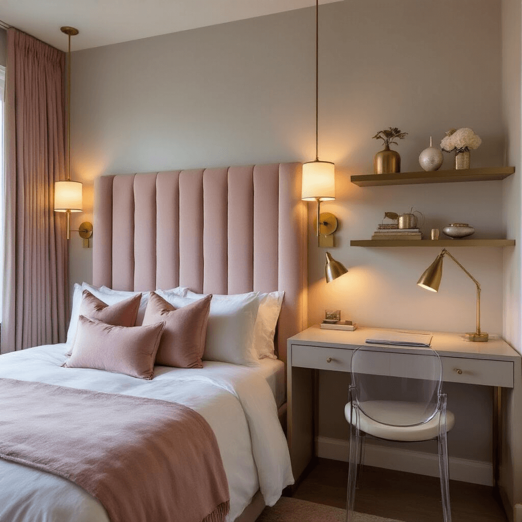 Small Guest Bedroom Ideas: Transform Tiny Spaces into Cozy Retreats Boutique-style guest room at dusk featuring a blush velvet channel-tufted headboard, brushed gold sconces, a slim console table with a ghost chair and modern lamp, and floating shelves with metallic accessories, all in a soft pink and warm gray color palette, captured from a low angle to emphasize height and intimate lighting.