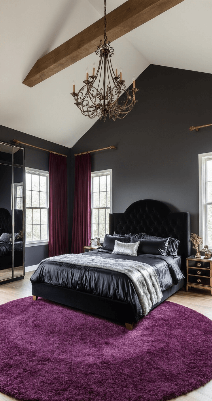 A luxurious master bedroom featuring vaulted ceilings with exposed beams, deep charcoal walls, a California king bed with a velvet headboard, mirrored wardrobes, a circular deep purple shag rug, and floor-to-ceiling windows with burgundy curtains, all illuminated by late afternoon light and enhanced by a wrought iron chandelier.