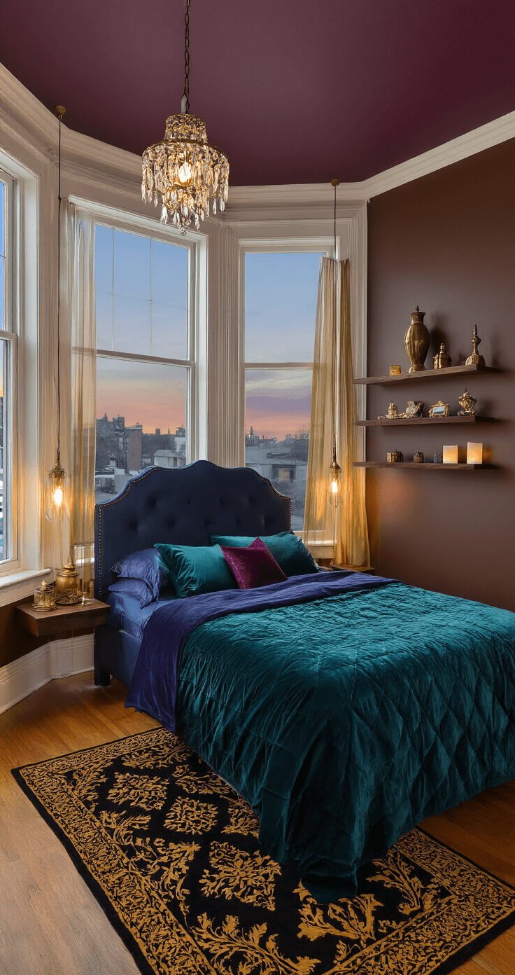 A cozy 10x12ft bedroom with chocolate brown walls, a deep plum ceiling, a navy blue upholstered bed with jewel-toned satin sheets, dark wood floating shelves with vintage brass objects, a small Moroccan-inspired rug, sheer gold curtains at a bay window, and a crystal chandelier, all bathed in soft twilight hues.