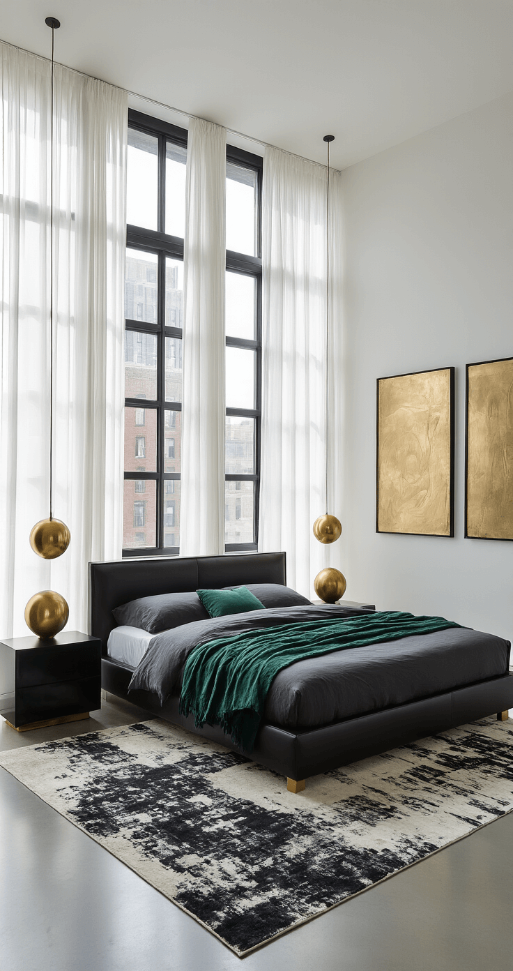 A spacious, sunlit bedroom with black walls and white trim features a king bed with grey linens and an emerald throw, black nightstands with gold lamps, a contrasting abstract rug, sheer curtains, and a brass chandelier, all captured from a high angle.