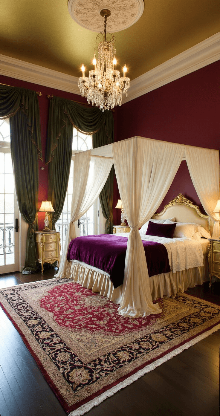 A romantic bedroom featuring a queen-size canopy bed with white drapes, deep burgundy walls, and a soft gold ceiling, illuminated by warm sunset light. Antique gold nightstands with crystal lamps, a vintage Persian rug, and heavy green curtains frame French doors leading to a balcony. A crystal chandelier adds to the luxurious atmosphere.