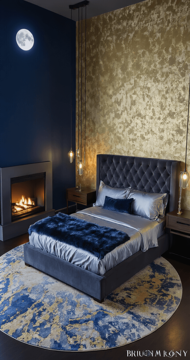 A modern 16x18ft bedroom featuring a king-size bed with a tufted charcoal grey velvet headboard, illuminated by cool moonlight and warm fireplace glow, with deep navy walls and a metallic gold feature wall, accented by dark wood floating nightstands and glass lamps. A circular blue and gold area rug anchors the space, while motorized grey blackout shades cover floor-to-ceiling windows, and a brushed brass chandelier hangs above the bed.