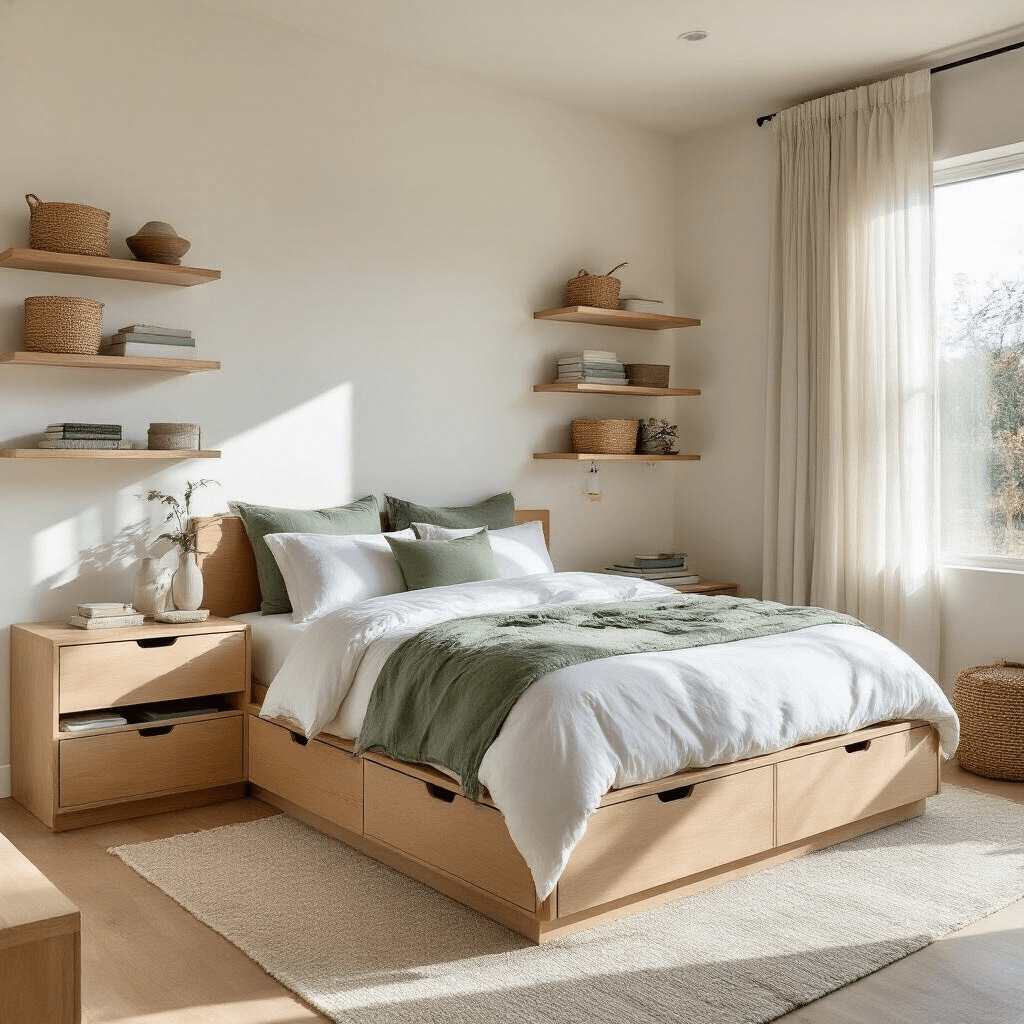 Modern 14x16ft bedroom featuring a platform bed with built-in drawers, crisp white linens, and sage green accents, illuminated by golden hour light streaming through sheer curtains. The image highlights floating nightstands with hidden storage, wall-mounted shelves, and a focus on vertical space and texture interplay.