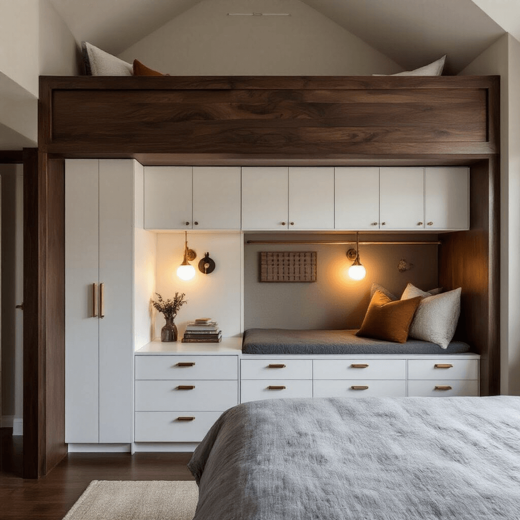 Low-angle shot of a stylish bedroom corner at dusk, showcasing a dark walnut loft bed and organized storage underneath with white cabinets, ambient lighting from sconces, and a pegboard displaying accessories.