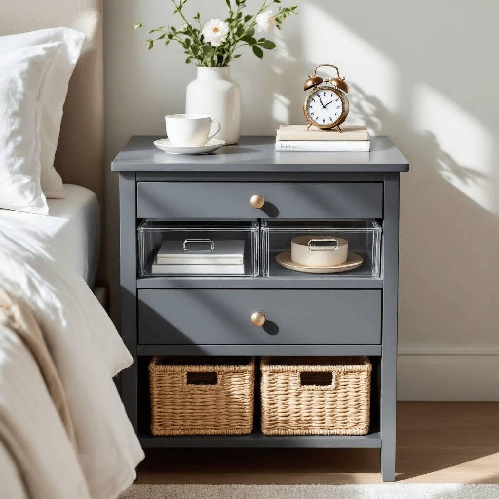 An overhead view of a modern charcoal grey nightstand vignette, featuring clear acrylic organizers in the top drawer, natural morning light casting soft shadows, and woven storage baskets underneath, showcasing an organized and compact arrangement.