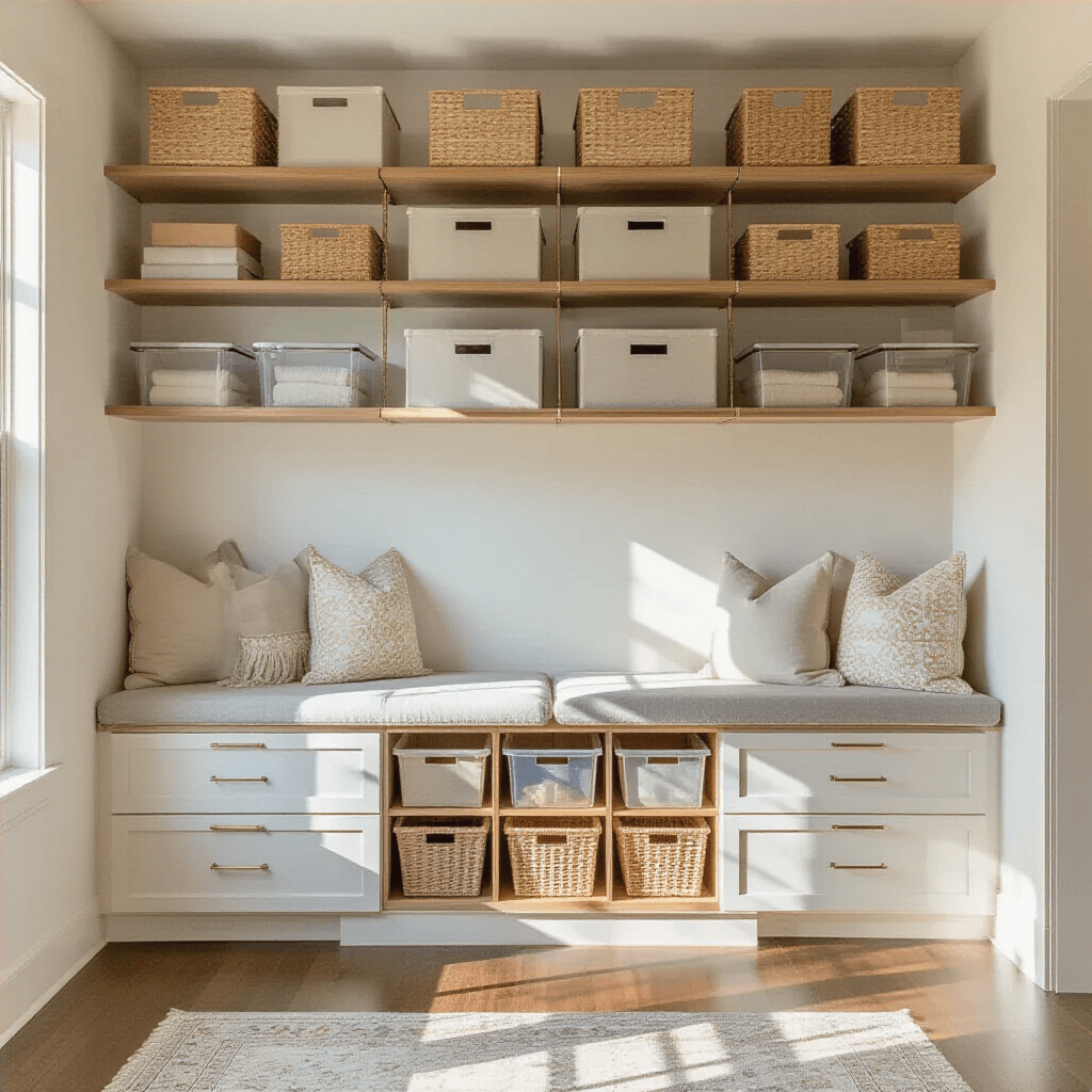 A 12x14ft bedroom features a floor-to-ceiling wall storage system with floating shelves and mounted cabinets, illuminated by late afternoon sunlight. The design includes color-coded fabric bins and clear containers against warm white walls, emphasizing architectural lines and the blend of decorative and functional elements.