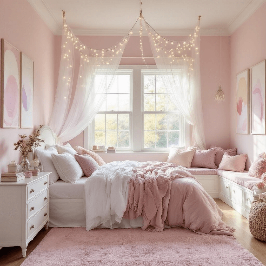A wide-angle view of a dreamy pastel teenage bedroom featuring walls in 'Pink Bliss', a queen bed with layered bedding, fairy lights overhead, white vintage furniture, a large bay window, and a plush pink area rug, all illuminated by warm afternoon sunlight.