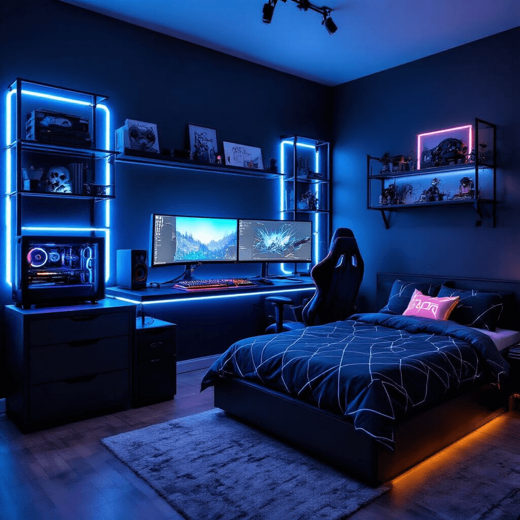 An ultra-modern Gamer's Paradise bedroom featuring a floating gaming desk with dual monitors and a gaming chair, illuminated by electric blue LED strip lighting against dark charcoal walls, with a queen platform bed showcasing geometric bedding and neon accent pillows, complemented by industrial-style metal shelving displaying gaming memorabilia, all captured at night with a moody atmosphere and long exposure to highlight the ambient glow.