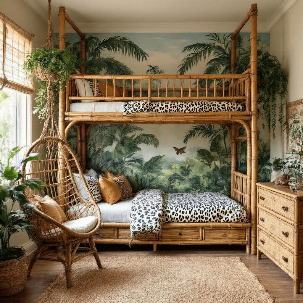 A vibrant Jungle Adventure themed kid's bedroom featuring a hand-painted tropical mural, bamboo furniture, a loft bed with a rope ladder, and various greenery accents, all bathed in morning sunlight.