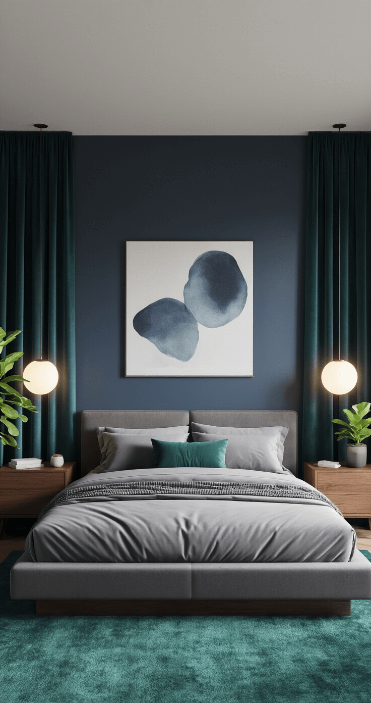 The Modern Dark Bedroom: Your Sanctuary of Serenity A modern bedroom with deep indigo walls, a king-size platform bed with charcoal linens, walnut nightstands with glowing pendant lamps, and floor-to-ceiling midnight blue curtains, featuring an emerald area rug, abstract art, and a fiddle leaf fig, all illuminated by soft twilight.