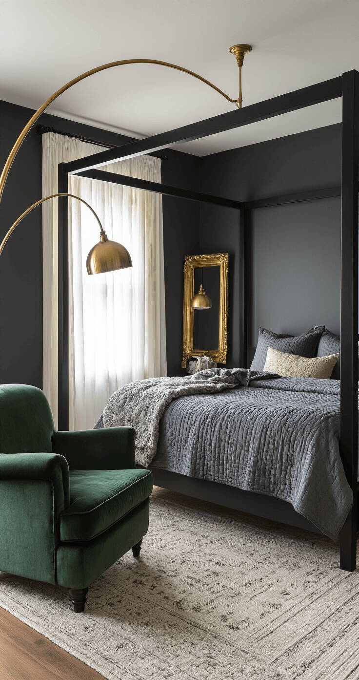 The Modern Dark Bedroom: Your Sanctuary of Serenity A cozy 12x14 ft bedroom with charcoal gray walls, featuring a black canopy bed layered with gray duvets and throws. A deep forest green velvet armchair is illuminated by a sleek brass floor lamp, while sheer white curtains soften the early morning light. A vintage gold-framed mirror leans on the wall, creating a warm, intimate atmosphere.