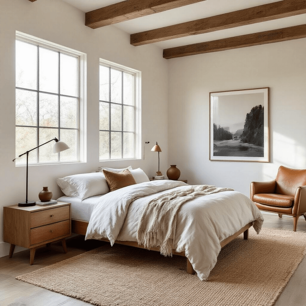 A cozy minimalist retreat featuring a 16'x14' room with exposed wooden beams, large windows, and warm white textured walls. The scene shows a platform bed with oatmeal and cream linen bedding, a solid wood nightstand, a sleek reading lamp, and a cognac leather armchair. A natural jute rug and ceramic vessels complement the space, highlighted by a single oversized black and white photograph. Golden hour lighting enhances the organic textures and clean lines.