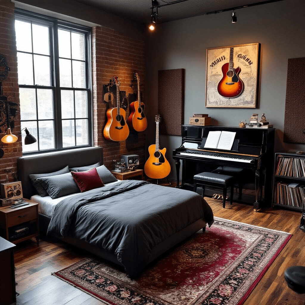 A musician's studio bedroom featuring sound-dampening panels, a vintage guitar collection, a queen bed with charcoal linens, and a glossy black baby grand piano, all illuminated by track lighting and afternoon light filtering through industrial-style windows, set on rich hardwood floors with vintage Persian rugs.