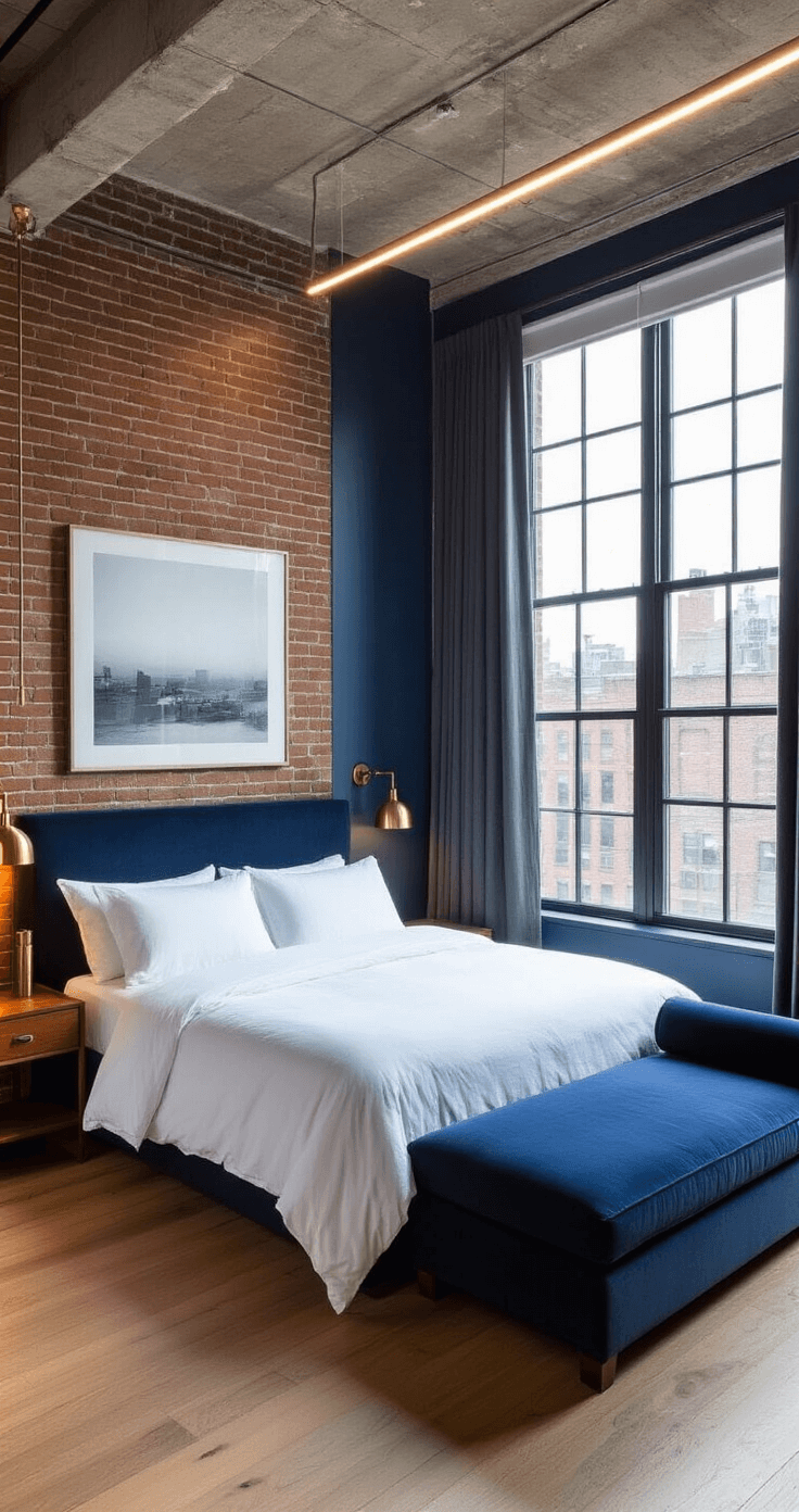 The Modern Dark Bedroom: Your Sanctuary of Serenity Loft-style bedroom with exposed midnight blue brick walls, featuring a low-profile king bed with white linens, mahogany side tables and brass lamps, a large industrial window with city views, charcoal linen drapes, concealed LED strip lights, and a deep indigo velvet chaise lounge, captured in a wide-angle elevated shot.