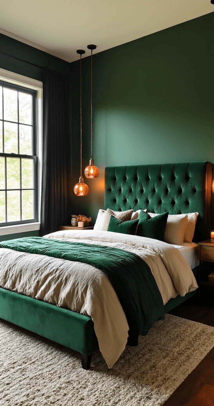 The Modern Dark Bedroom: Your Sanctuary of Serenity Cozy bedroom featuring a queen-size emerald velvet tufted bed with layered plush bedding, surrounded by dark wood floating nightstands and warm candlelight, set against deep forest green walls and charcoal blackout curtains.