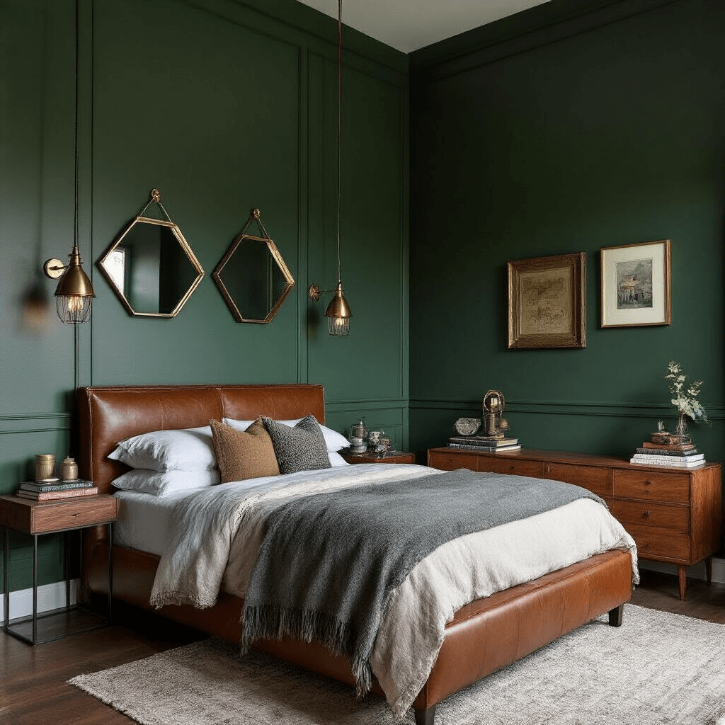 Intimate bedroom featuring a deep forest green accent wall, cognac brown leather-wrapped bed frame, wool throws in heather grey and cream, geometric brass mirrors above nightstands, and vintage travel artifacts, photographed during blue hour with ambient mixed metal lighting.