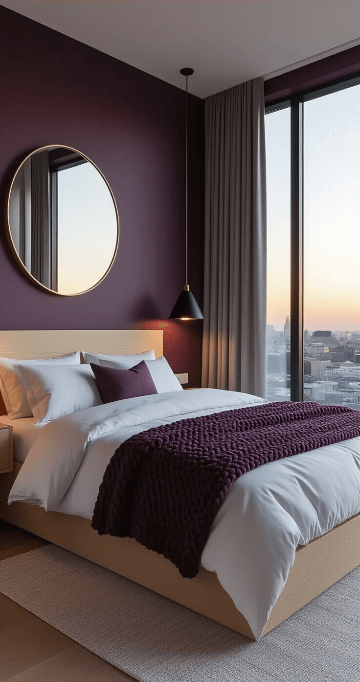The Modern Dark Bedroom: Your Sanctuary of Serenity A chic bedroom at dusk featuring rich plum walls, a minimalist bleached oak platform bed with white linens and a deep aubergine throw, floor-to-ceiling windows with sheer gray curtains revealing a sunset, a round brass-framed mirror reflecting warm light, and sleek table lamps with black shades casting soft illumination.