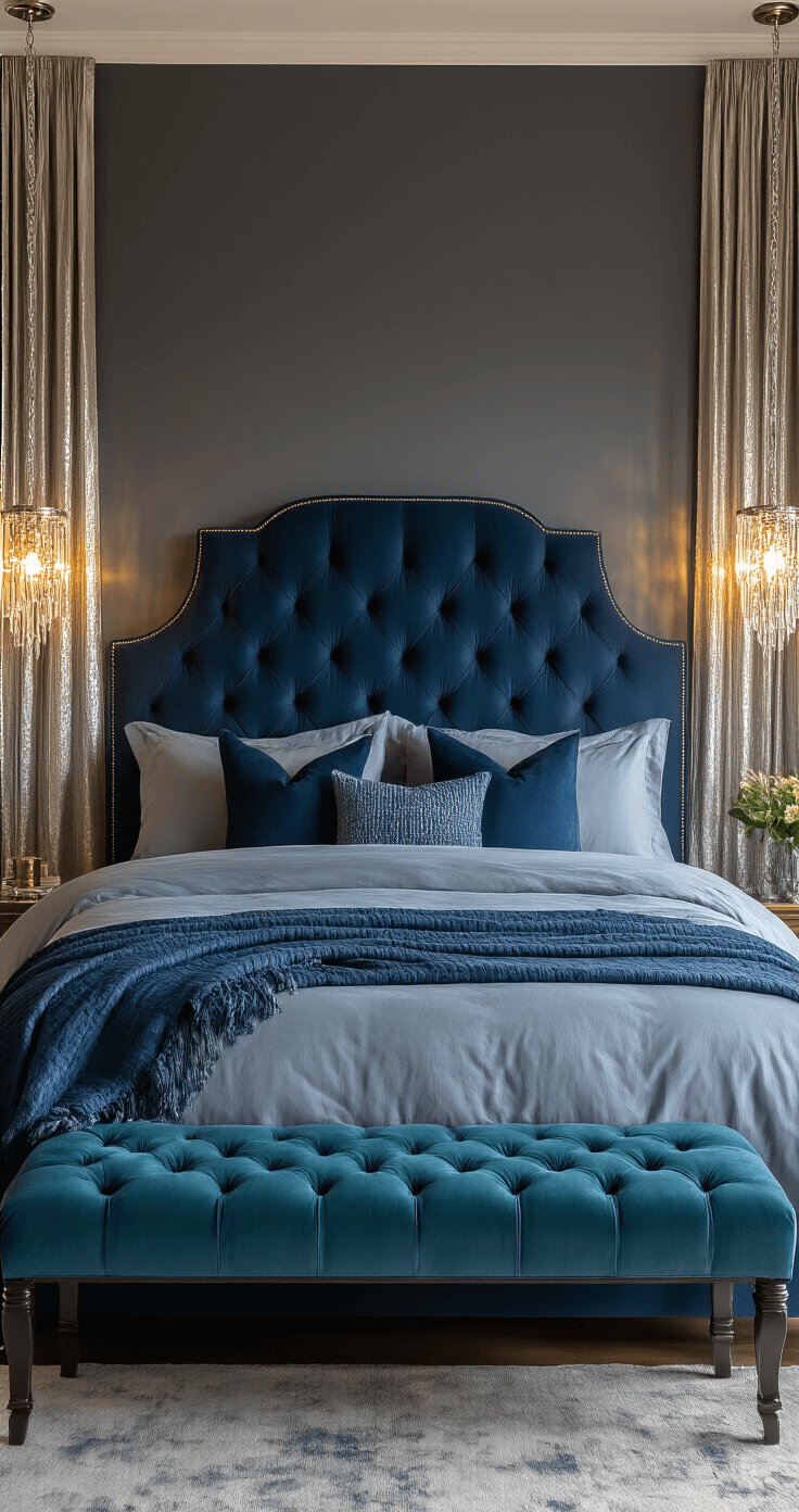 The Modern Dark Bedroom: Your Sanctuary of Serenity An elegant bedroom featuring a king-size bed with a navy blue headboard, layered blue and gray bedding, deep teal tufted bench, and crystal chandeliers, all bathed in warm, golden-hour light with charcoal to slate gray gradient walls.