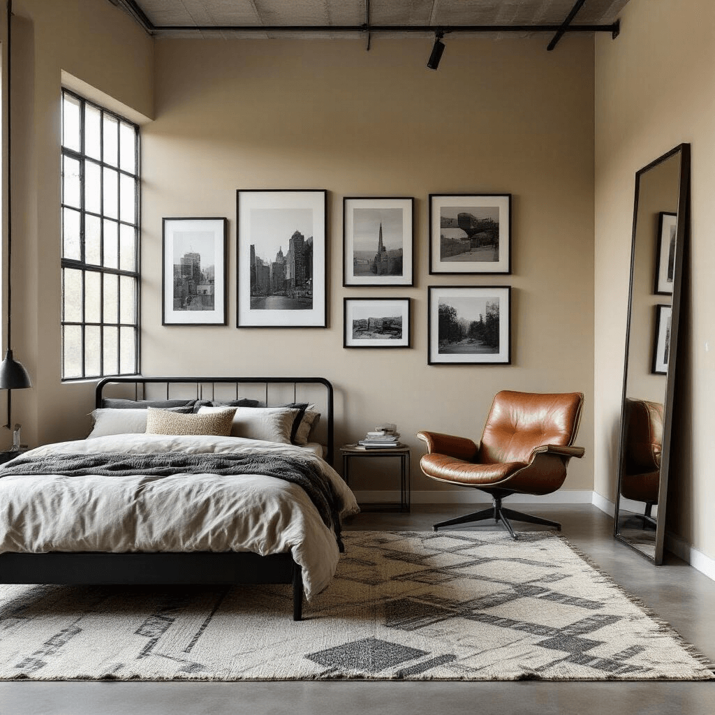Contemporary bedroom featuring a black metal bed frame, taupe walls, a gallery wall of black-and-white photographs, a mid-century modern leather lounge chair, and geometric patterned area rugs, bathed in soft morning light.