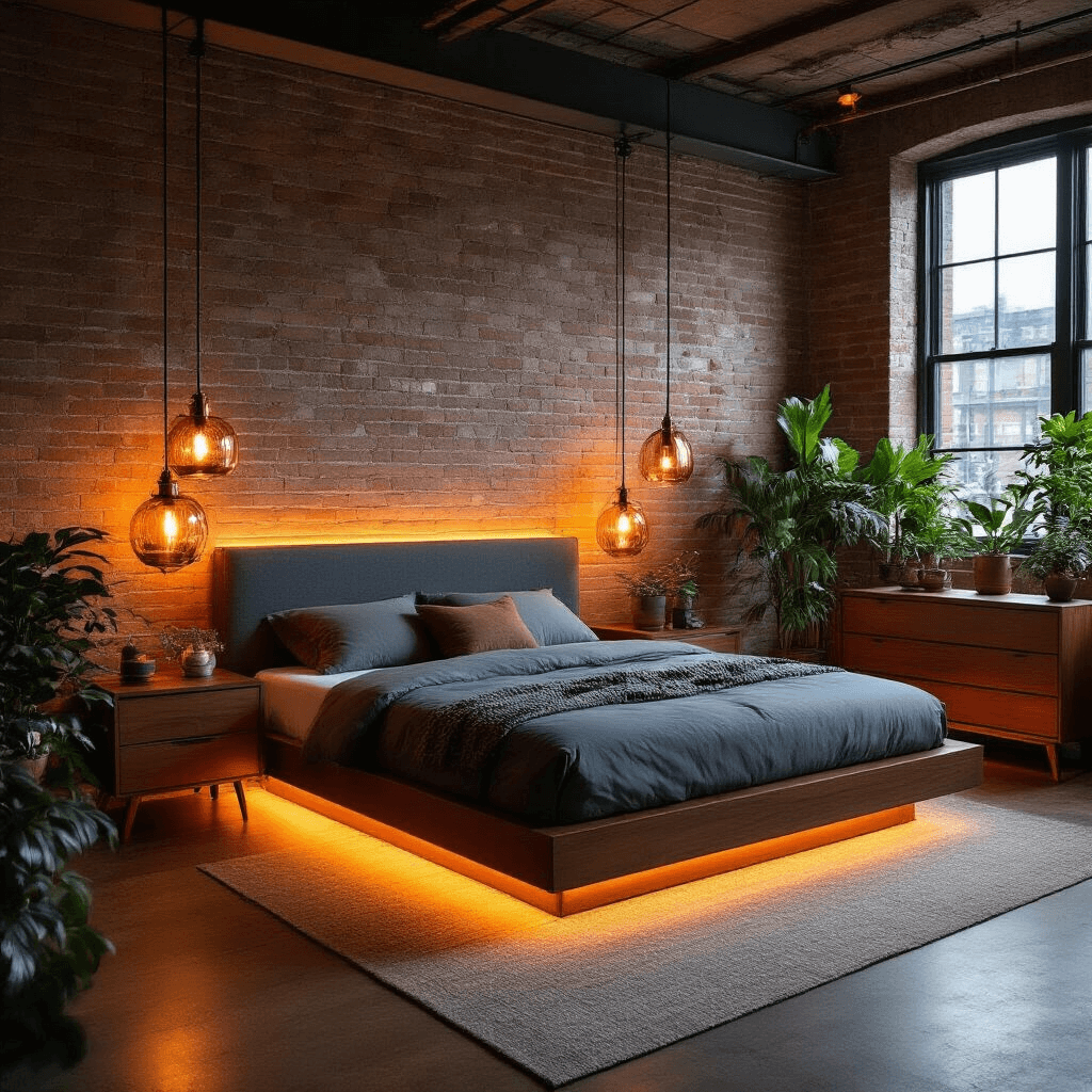 A cozy 13x15ft bedroom at dusk featuring a modernist charcoal grey platform bed, walnut side tables, and a chest of drawers, illuminated by copper and brass fixtures. The room showcases metallic accents, potted plants, and an exposed brick wall, viewed from an elevated corner perspective with dynamic diagonal lines.