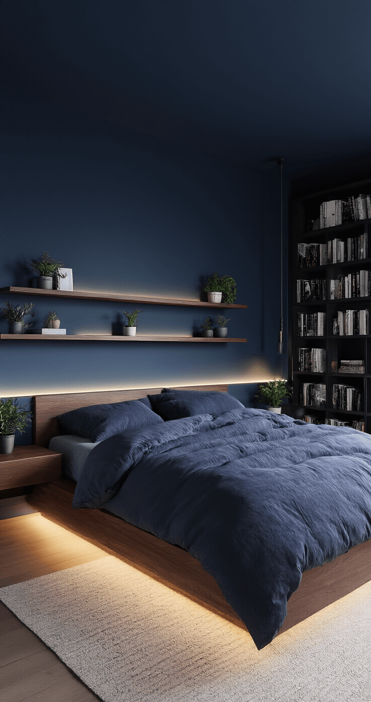 The Modern Dark Bedroom: Your Sanctuary of Serenity A serene midnight bedroom with deep indigo walls, featuring a low-profile walnut bed dressed in charcoal and midnight blue linens, dark wood floating shelves with minimalist decor, a floor-to-ceiling bookshelf, and soft concealed LED lighting, all captured from a low angle at the foot of the bed.