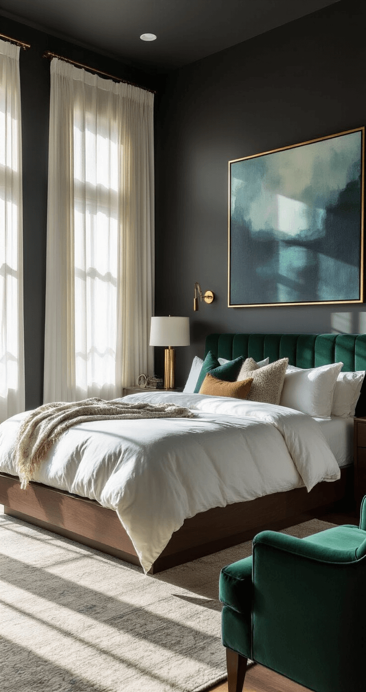 Dark and Dreamy: Creating a Modern Bedroom Sanctuary A modern bedroom featuring deep charcoal walls, a low-profile king platform bed with a white duvet and textured pillows, an emerald green velvet armchair, brass accents, and moody abstract art, all bathed in warm golden hour sunlight.