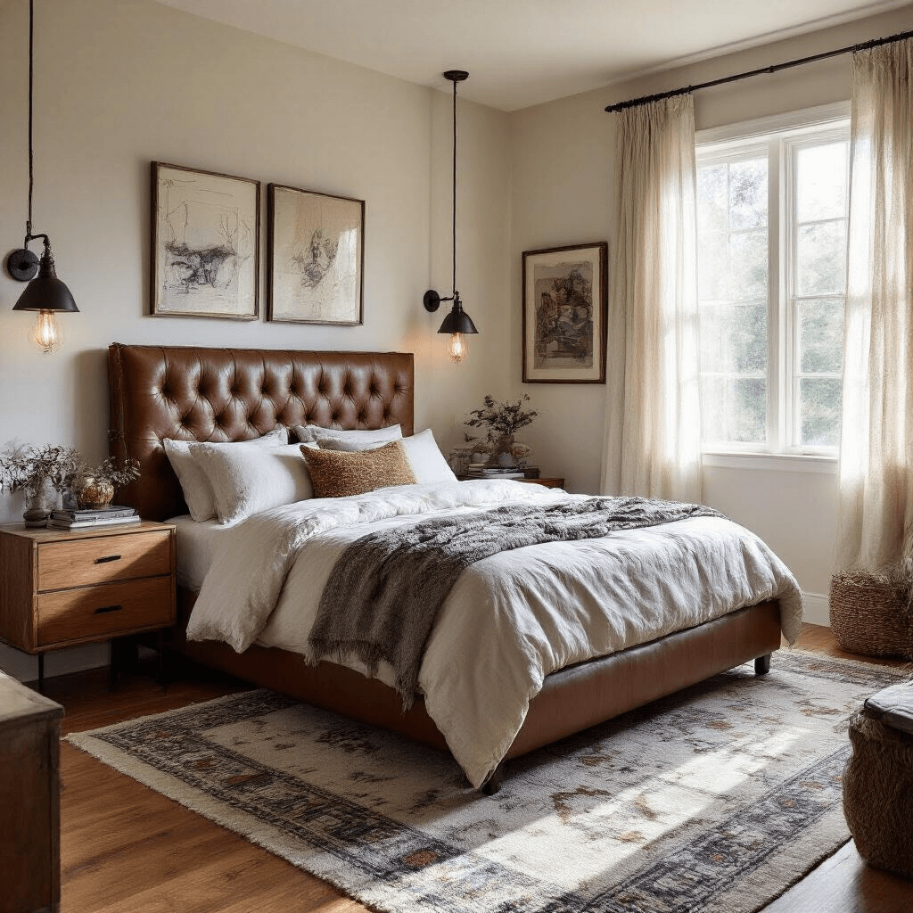 A sophisticated 16x18 ft bedroom illuminated by soft morning sunlight through sheer curtains, featuring a deep brown leather headboard, industrial-style metal sconces, floating wooden nightstands, a curated display of vintage and modern art, and a geometric patterned area rug over hardwood floors, captured from the doorway with a dreamy lens effect.