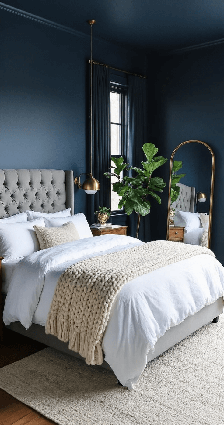 Dark and Dreamy: Creating a Modern Bedroom Sanctuary Intimate bedroom with navy walls, a queen bed with a tufted gray velvet headboard, white linens, and a cream chunky knit throw; walnut nightstands with brass lamps, a floor-to-ceiling mirror, and a potted fiddle leaf fig, all bathed in soft morning light.