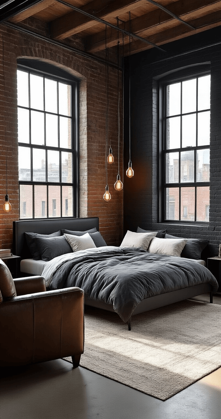 Dark and Dreamy: Creating a Modern Bedroom Sanctuary A loft-style bedroom featuring matte black exposed brick walls, large industrial windows allowing warm afternoon sunlight, a minimalist California king bed with charcoal linen bedding, a distressed leather armchair, polished concrete floors with a cream and gray area rug, and pendant lights with Edison bulbs, captured from a corner angle to emphasize height and industrial chic design.