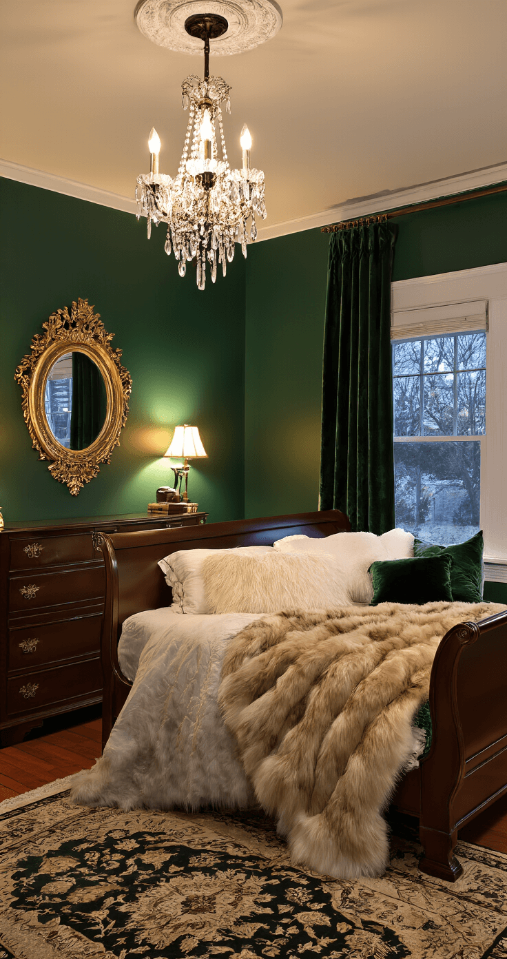 Dark and Dreamy: Creating a Modern Bedroom Sanctuary A cozy bedroom with deep forest green walls, featuring a queen-sized mahogany sleigh bed adorned with jewel-toned velvet pillows and a faux fur throw. An ornate gold mirror hangs above an antique dresser, complemented by heavy brocade curtains and a crystal chandelier, all illuminated by soft lamplight creating a warm, opulent atmosphere.