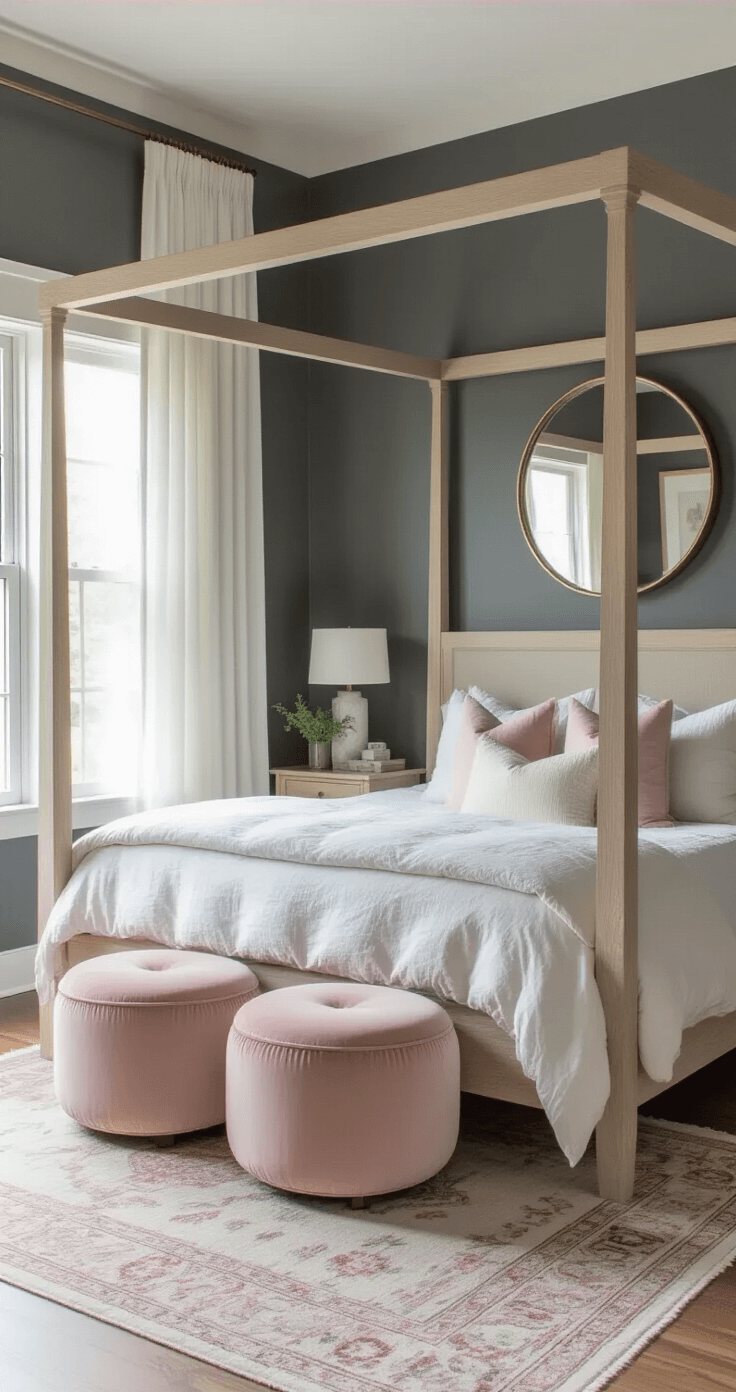 Dark and Dreamy: Creating a Modern Bedroom Sanctuary A tranquil bedroom with soft charcoal gray walls, a modern four-poster bed in bleached oak adorned with white and pale gray linens, blush pink velvet ottomans at the foot, a large brass-framed mirror, and pale hardwood floors partially covered by a vintage-inspired rug, all illuminated by early morning light filtering through gauzy white curtains.