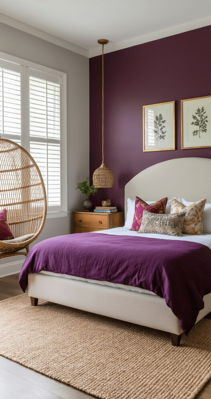 Dark and Dreamy: Creating a Modern Bedroom Sanctuary Eclectic bedroom featuring an aubergine accent wall, soft gray walls, a cream linen upholstered headboard, a king-sized bed with jewel-toned pillows, a mid-century teak dresser, a hanging rattan chair, framed botanicals, and a jute rug, all illuminated by natural light from plantation shutters.