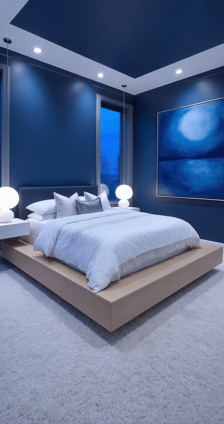 Dark and Dreamy: Creating a Modern Bedroom Sanctuary A serene master bedroom with deep midnight blue walls, featuring a floating platform bed in pale ash wood dressed in white and silver bedding, surrounded by matching floating nightstands with sculptural white lamps, a large abstract canvas in blue and silver, plush white carpet, and polished chrome accents, illuminated by moonlight through floor-to-ceiling windows.