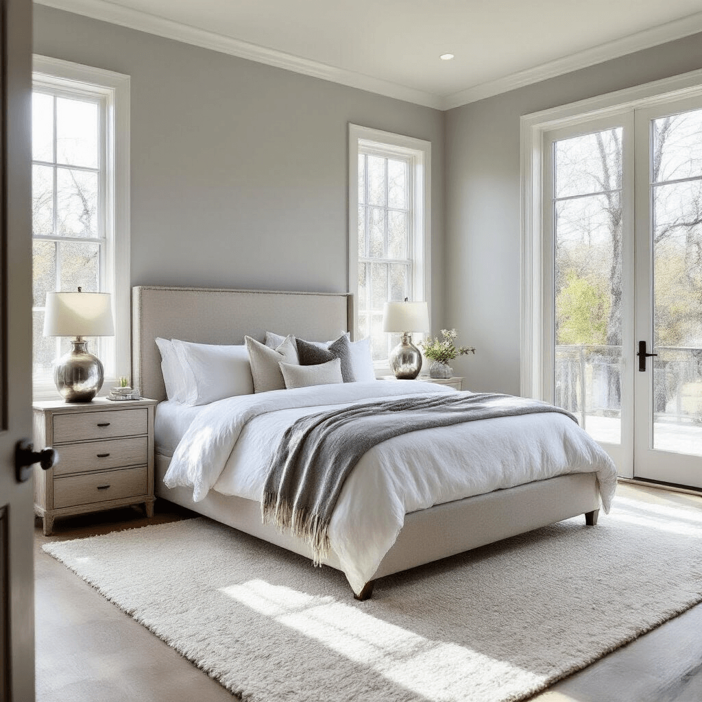 A serene master bedroom featuring a king-size upholstered bed, floor-to-ceiling windows, and walls painted in Dove Wing grey, with modern minimalist decor and organic touches.