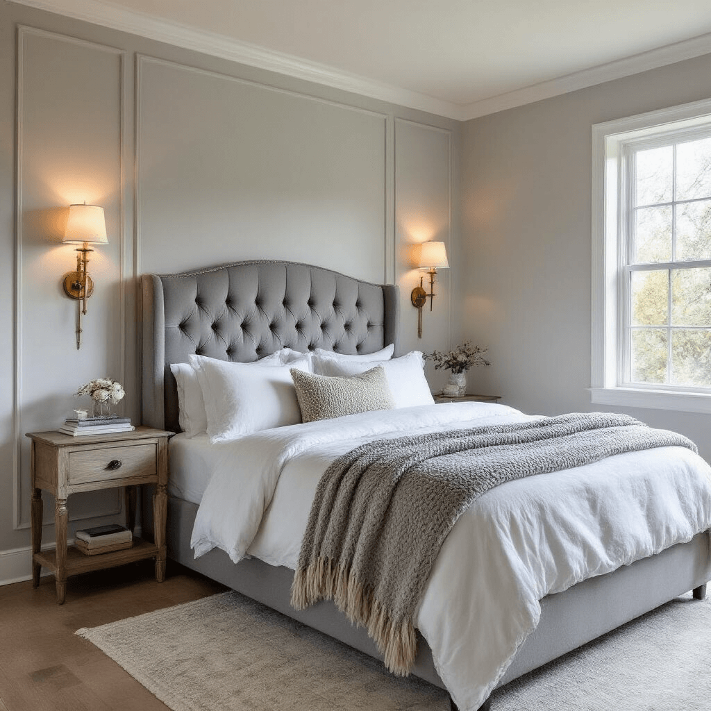 Intimate guest bedroom at golden hour featuring soft greige walls, a tufted grey velvet queen bed, white percale bedding with chunky knit throws, vintage brass sconces, and herringbone patterned grey wallpaper, shot from a corner angle.