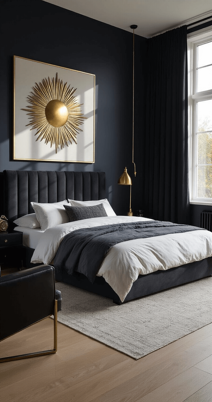 Dark Bedroom Elegance: Creating a Contemporary Oasis A spacious navy bedroom featuring a king-size platform bed with a charcoal velvet headboard, flanked by sleek nightstands, large windows with sheer black curtains, and a gold sunburst mirror above. Light oak flooring complements the smoky quartz duvet and textured pillows, with a black leather armchair and brass floor lamp in the corner, all illuminated by warm late afternoon sunlight.