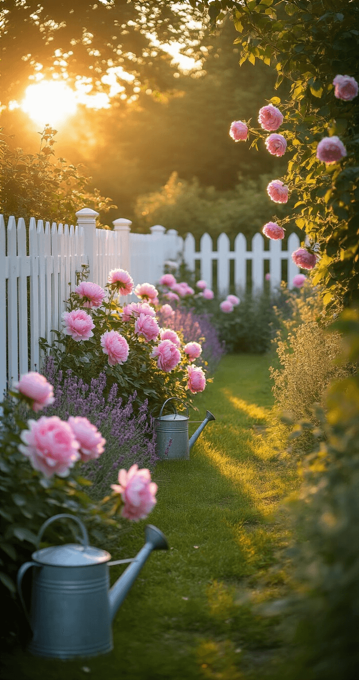 Cottage Garden Fence: Your Ultimate Guide to Creating Enchanting Outdoor Boundaries A sunlit cottage garden with a white picket fence, featuring pink peonies, purple catmint, and climbing pale pink roses, captured during golden hour. Vintage watering cans lean against the fence, while soft light creates dreamy bokeh and highlights pollen particles in the air.