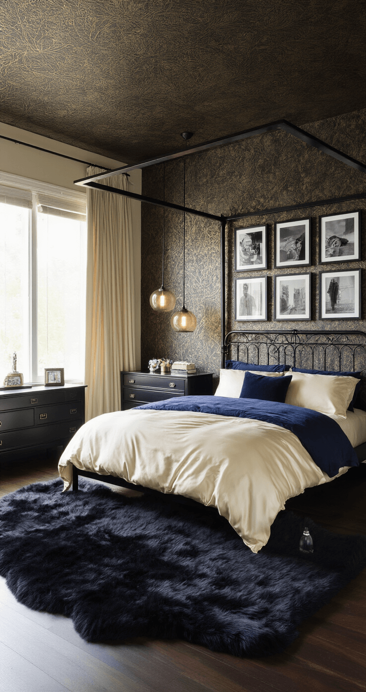 Dark Bedroom Elegance: Creating a Contemporary Oasis A cozy 12x14 foot bedroom featuring a black wrought-iron canopy bed with cream silk sheets and a navy comforter, sloped ceiling, dark textured wallpaper, mirrored dresser, smoked glass pendant lights, deep charcoal faux fur rug, and a gallery wall of black and white photographs, all illuminated by soft morning light.