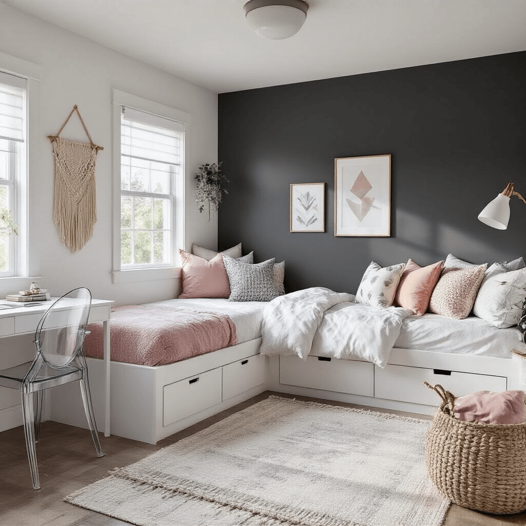 A cozy teen bedroom featuring a charcoal accent wall, bright white walls, a platform twin bed with built-in storage, white linens, blush pink and grey accent pillows, geometric patterns in textiles and art, a white floating desk with an acrylic chair, and a macramé wall hanging, illuminated by late afternoon light.