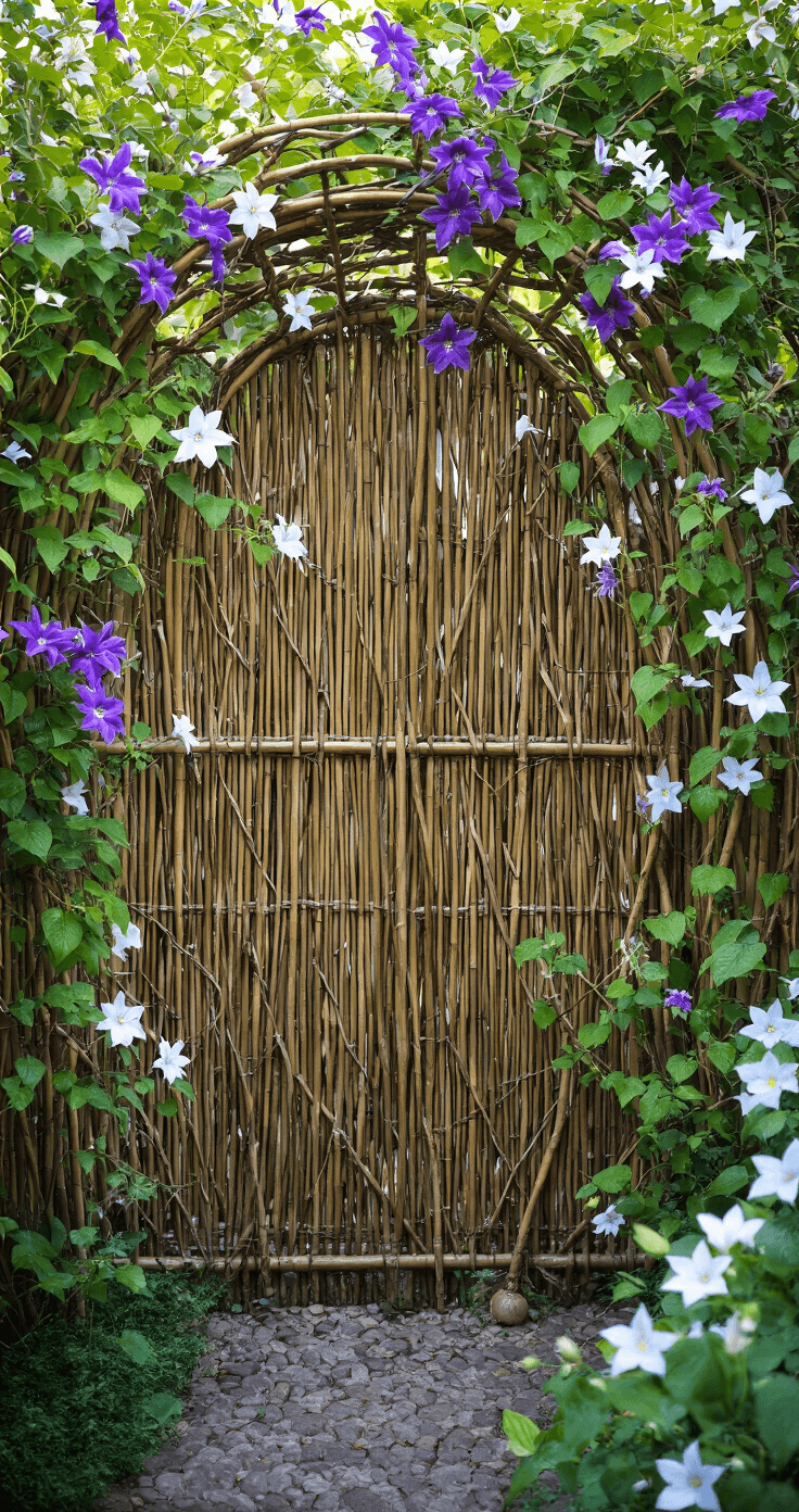 Cottage Garden Fence: Your Ultimate Guide to Creating Enchanting Outdoor Boundaries A mystical garden corner featuring 5ft tall handwoven willow fence panels with organic curves, adorned with purple clematis and white moonflowers, captured during the morning blue hour. Dewy cobwebs glisten between the willow strands, and the low-angle view emphasizes the fence height in soft, diffused morning light.
