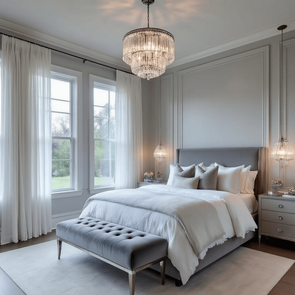 A luxurious primary suite featuring pale cool grey walls with white wainscoting, a centered California king bed flanked by tall windows with flowing white sheers, and an oversized mercury glass pendant light illuminating the space. A grey velvet bench sits at the bed's foot, complemented by crystal and chrome accents, all arranged symmetrically. The low angle shot highlights the ceiling height and architectural details in a contemporary glamour style at dusk.