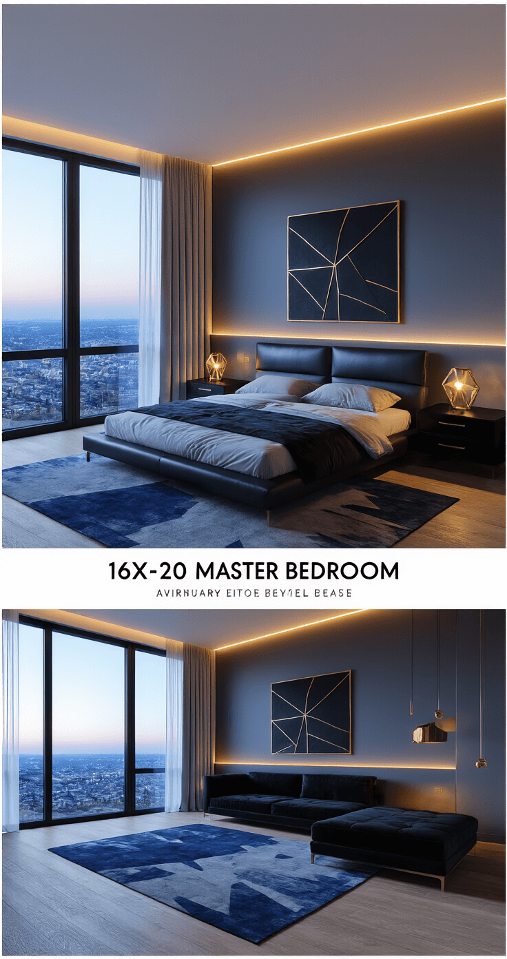 Dark Bedroom Elegance: Creating a Contemporary Oasis A modern master bedroom featuring floor-to-ceiling windows with a cityscape view at twilight, showcasing a low-profile king bed with an oversized obsidian leather headboard, high-gloss black floating nightstands with geometric gold lamps, a large abstract area rug in navy and gold, a black velvet chaise lounge, and sheer metallic curtains, all illuminated by warm LED strip lighting.