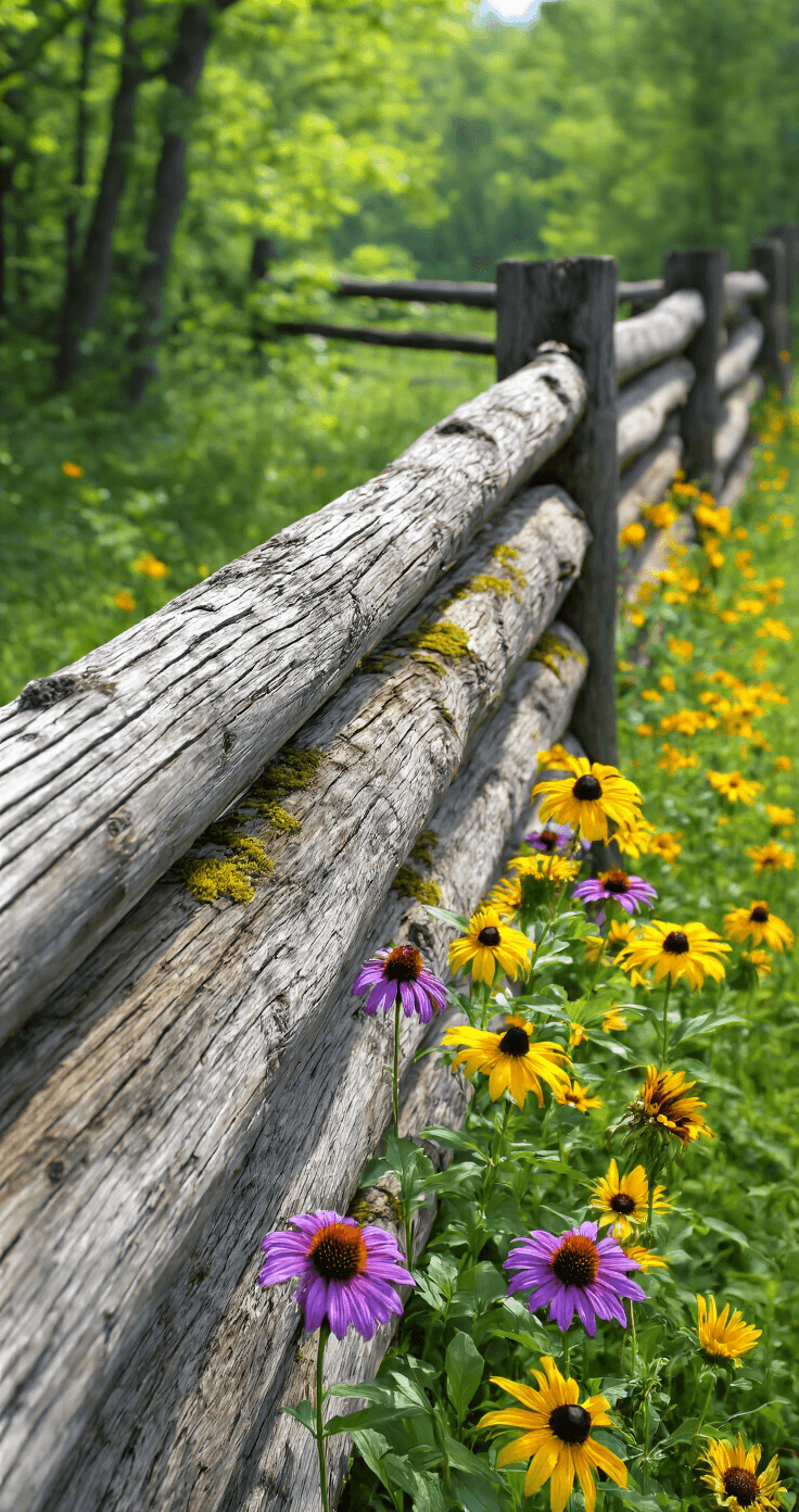 Cottage Garden Fence: Your Ultimate Guide to Creating Enchanting Outdoor Boundaries Wide-angle view of a weathered 30ft log fence with a rich patina and moss, accented by bright yellow black-eyed susans and purple coneflowers blooming through gaps, captured in strong midday sunlight.