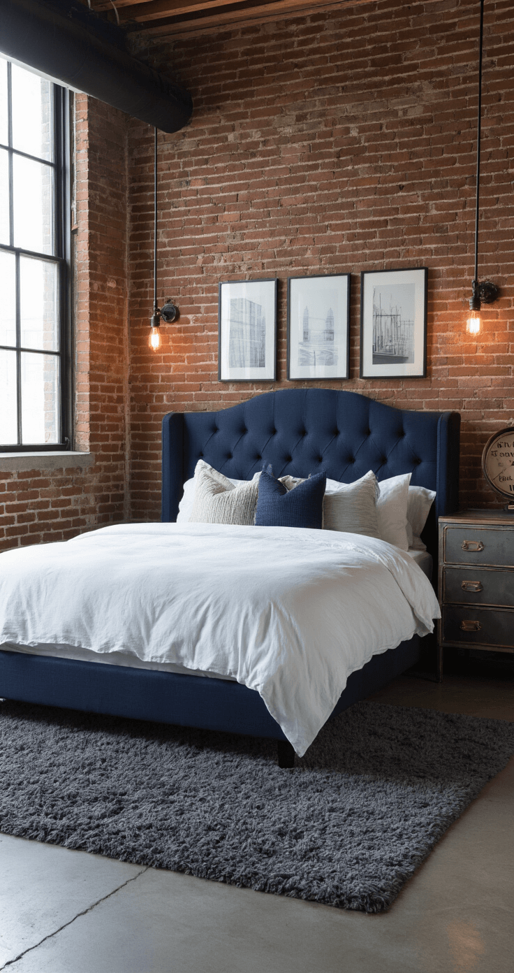 Dark Bedroom Elegance: Creating a Contemporary Oasis Cozy 10x12 bedroom featuring exposed charcoal-painted brick walls, a navy tufted bed with white linens and textured pillows, a distressed steel dresser with a brass-framed mirror, minimalist black and white prints, a plush charcoal rug, and a leather armchair with a potted snake plant, all illuminated by warm industrial sconces.