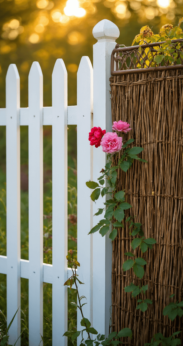 Cottage Garden Fence: Your Ultimate Guide to Creating Enchanting Outdoor Boundaries A 20ft fence combining painted white pickets and woven willow sections, adorned with climbing roses and copper garden art, silhouetted against a golden backlight.