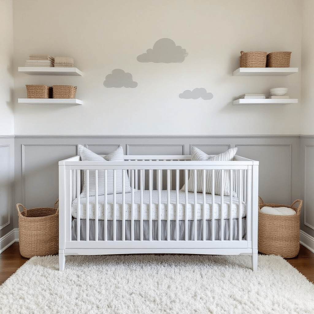 A serene nursery featuring two-tone walls in light grey and pure white, a white convertible crib with grey and white striped bedding, a plush ivory shag rug, woven basket storage, white floating shelves, and subtle cloud pattern wallpaper, all bathed in soft morning light.