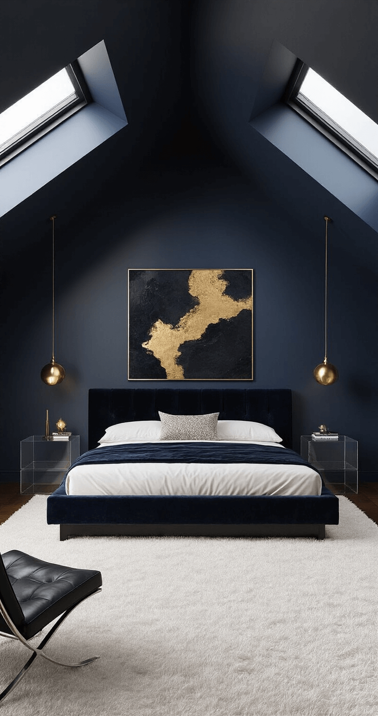 Dark Bedroom Elegance: Creating a Contemporary Oasis A luxurious bedroom with a vaulted ceiling, featuring a platform bed with a smoked quartz velvet headboard, acrylic nightstands with brass lamps, and navy walls illuminated by moonlight through skylights, complemented by a plush white carpet and a black leather Barcelona chair.