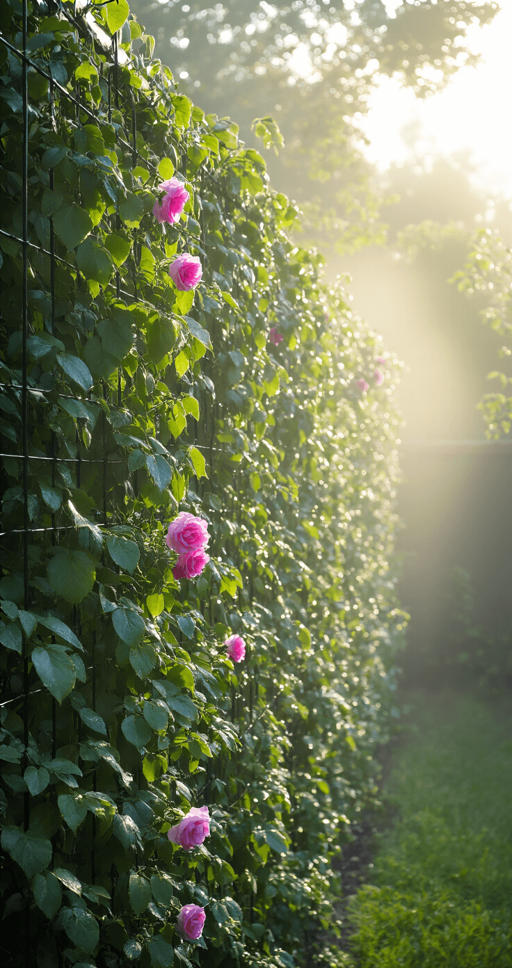 Cottage Garden Fence: Your Ultimate Guide to Creating Enchanting Outdoor Boundaries A vertical garden veil featuring a wire panel fence adorned with morning glory vines and climbing roses, illuminated by dawn light. Dew drops sparkle in the soft morning mist, creating a dreamy secret garden atmosphere.