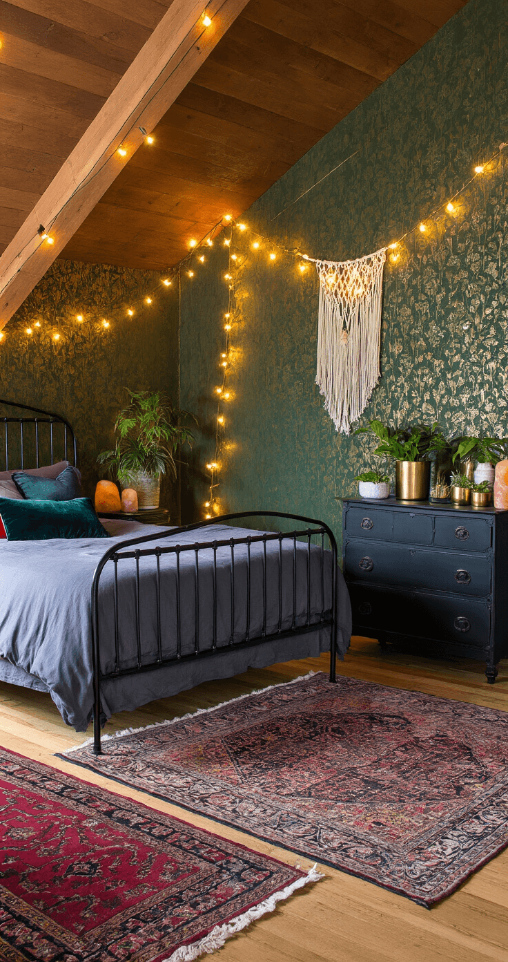Dark Bedroom Elegance: Creating a Contemporary Oasis Cozy bohemian bedroom with angled ceilings, featuring a wrought-iron bed in matte black, jewel-toned velvet pillows, deep green wallpaper, brass planters, vintage rugs, and a hanging rattan chair, all illuminated by soft string lights and salt lamps.