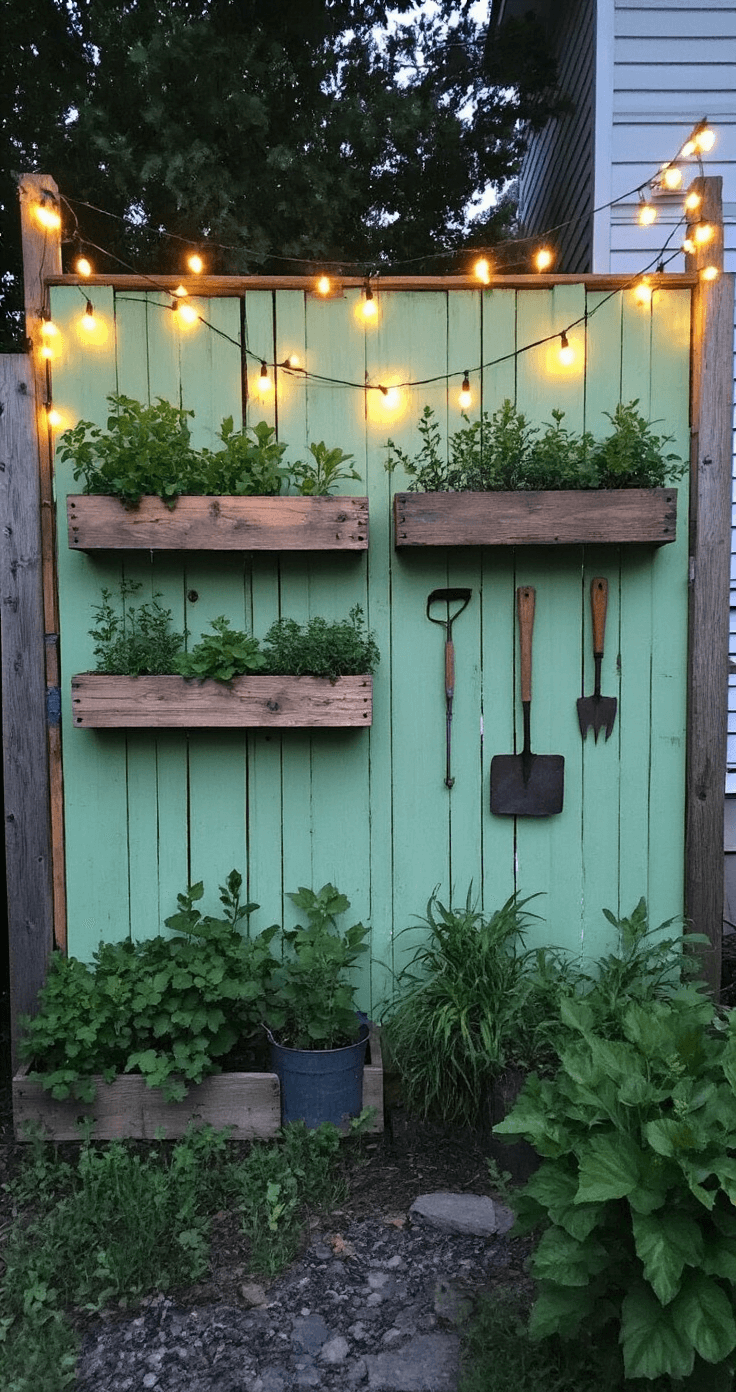 Cottage Garden Fence: Your Ultimate Guide to Creating Enchanting Outdoor Boundaries Upcycled pallet fence painted soft sage green with herb planters and vintage garden tools, illuminated by twinkling string lights at twilight. Cozy cottage ambiance captured from a low angle.